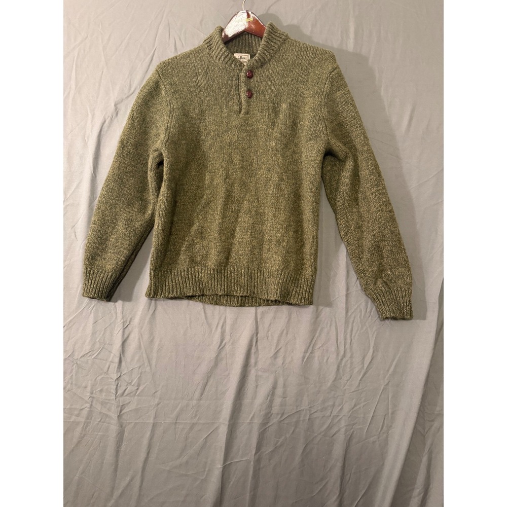 LL Bean Mens Lambswool Mock Neck Button Sweater Olive Green Sz Medium Reg 285174